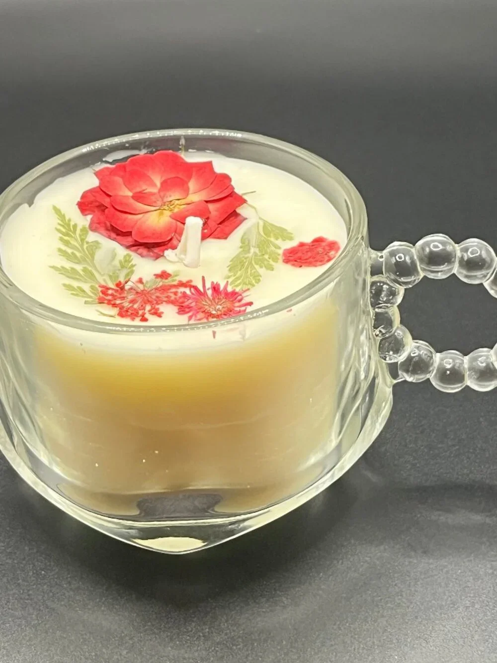 Clear Glass Teacup Candle with Beaded Handle & Red Rose Botanical Accent